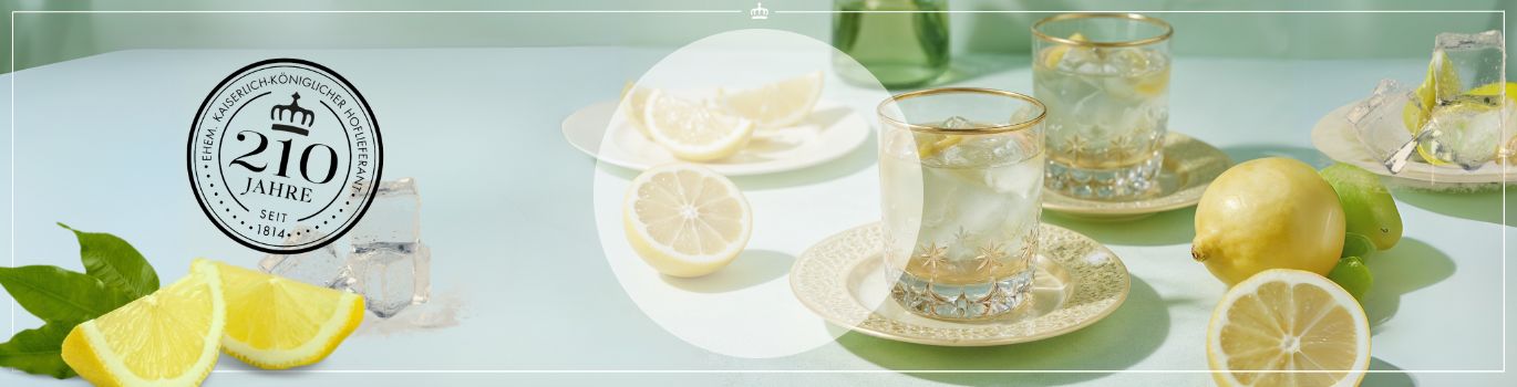 Zitronenscheiben, Eiswürfel und ein elegantes Getränkeglas mit 210 Jahre Marke auf einem Tisch