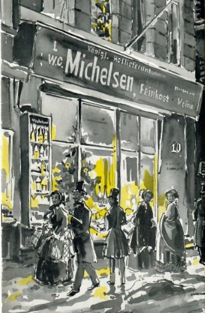 Schwarz-weiß Illustration eines alten Feinkostladens mit Menschen in Winterkleidung