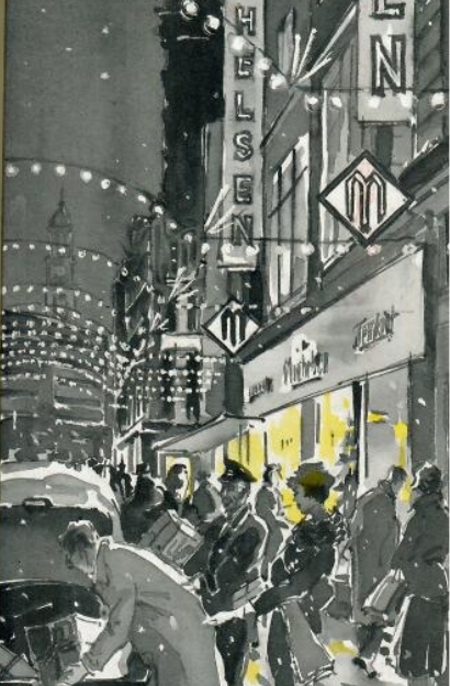 Schwarz-Weiß-Illustration einer belebten Einkaufsstraße bei Nacht mit beleuchteten Geschäften und vorbeilaufenden Menschen