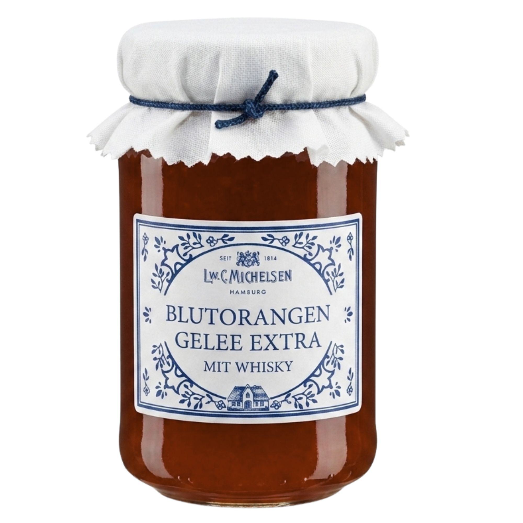 L.W.C. Michelsen Blutorangen Gelee Extra mit Whisky im Glas mit Stoffhaube