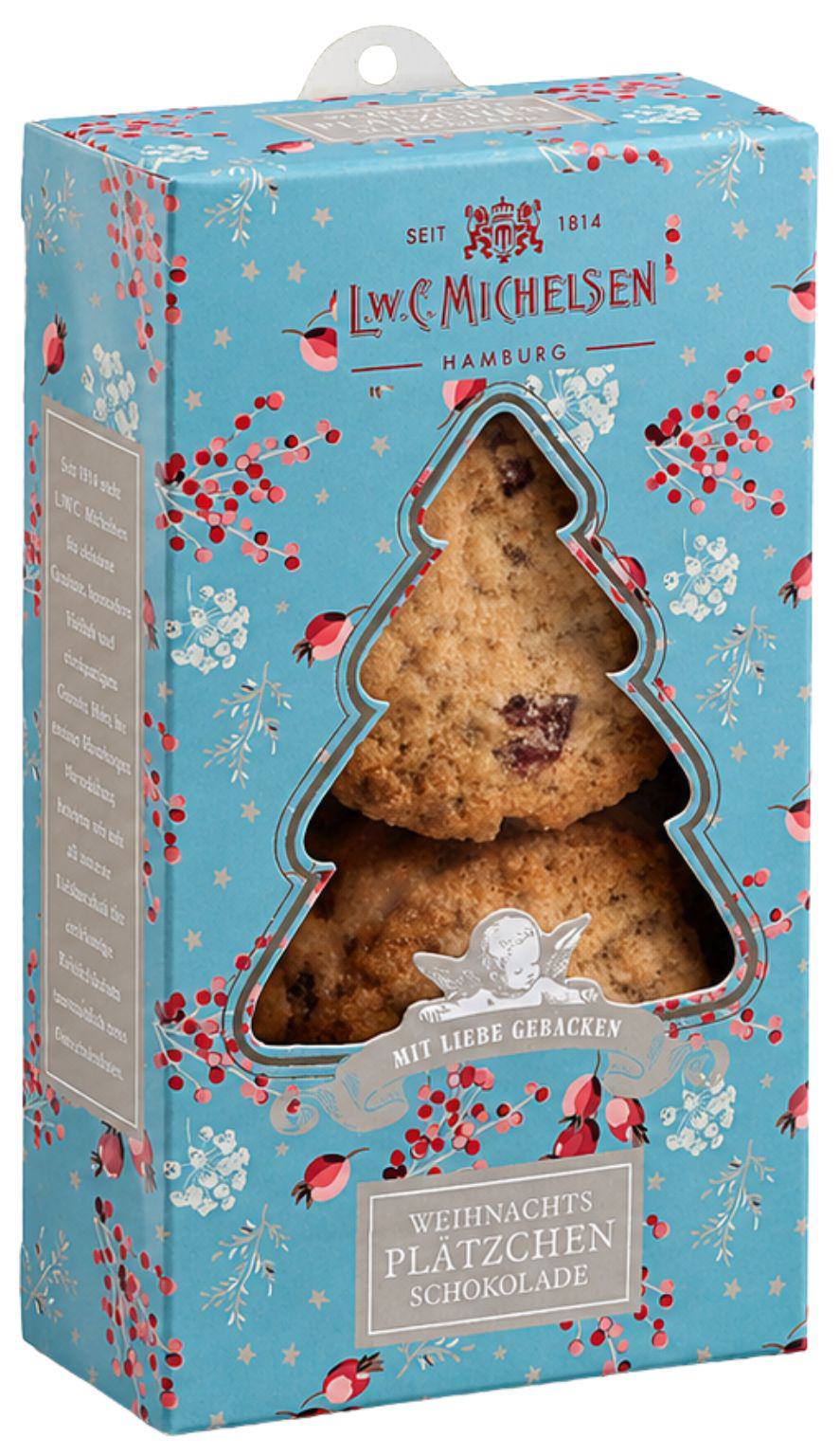 L.W.C. Michelsen Mini Weihnachtsplätzchen Schokolade in türkiser Box mit Tannenbaumfenster