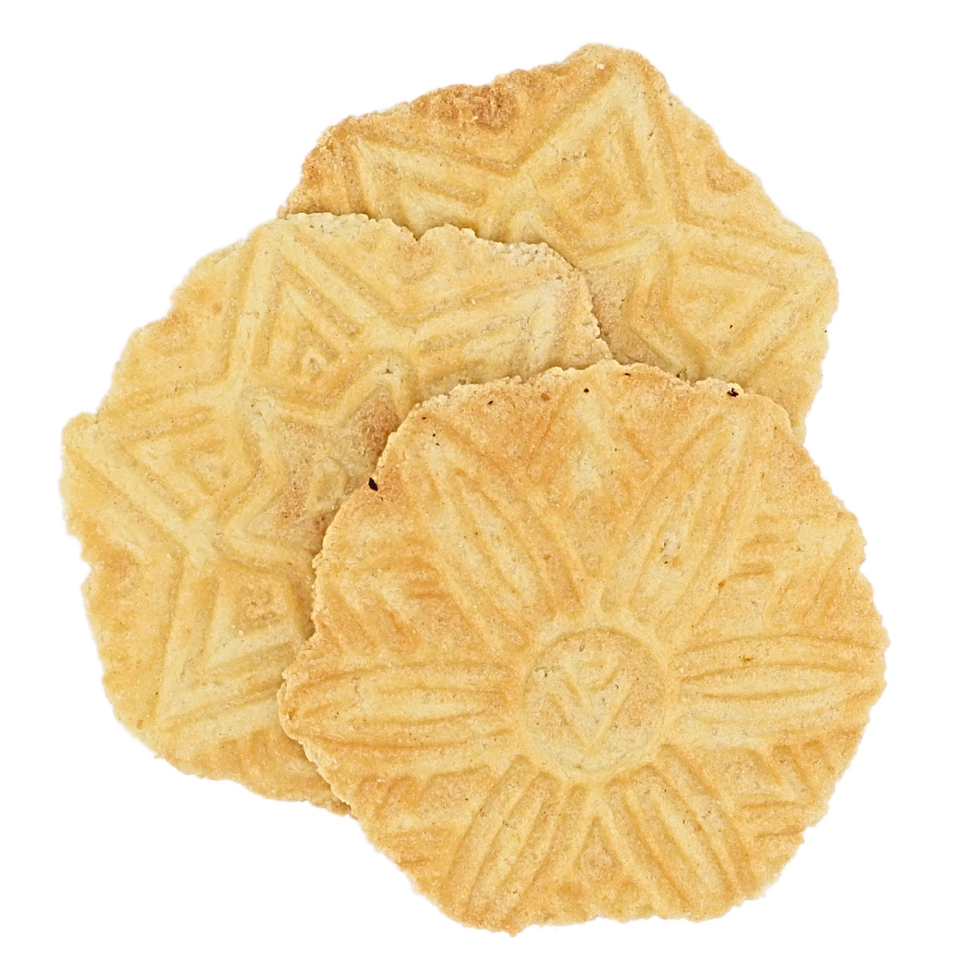 Drei knusprige Waffelplätzchen mit geprägtem Muster, übereinander gestapelt