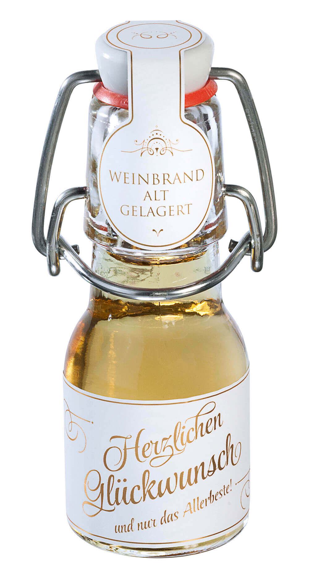 Herzlichen Glückwunsch -mini-: Unsere kleinen Spaßmacher, gefüllt mit edlem Weinbrand, sind ein wahres Highlight für jeden...