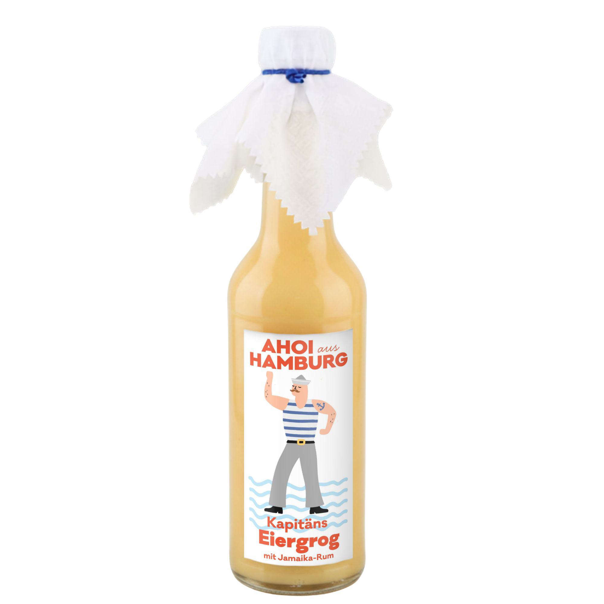 „Ahoi aus Hamburg" Kapitäns Eiergrog mit Jamaika-Rum in Flasche mit Matrosen-Mütze