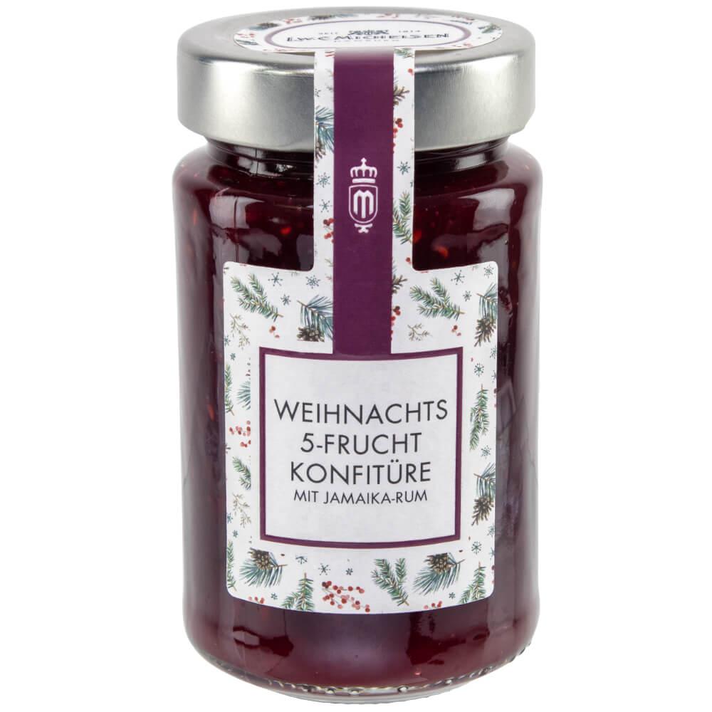 Glas mit Weihnachts 5-Frucht Konfitüre verfeinert mit Jamaika-Rum