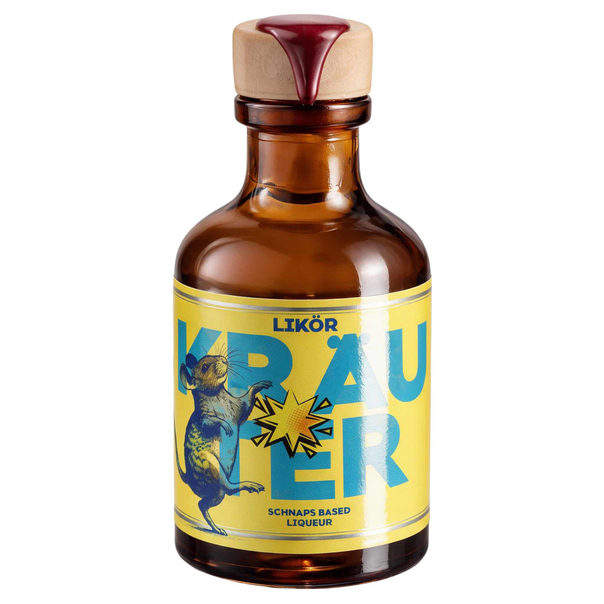 Kräuterlikör, Schnaps Based Liqueur, gelbes Etikett mit Maus