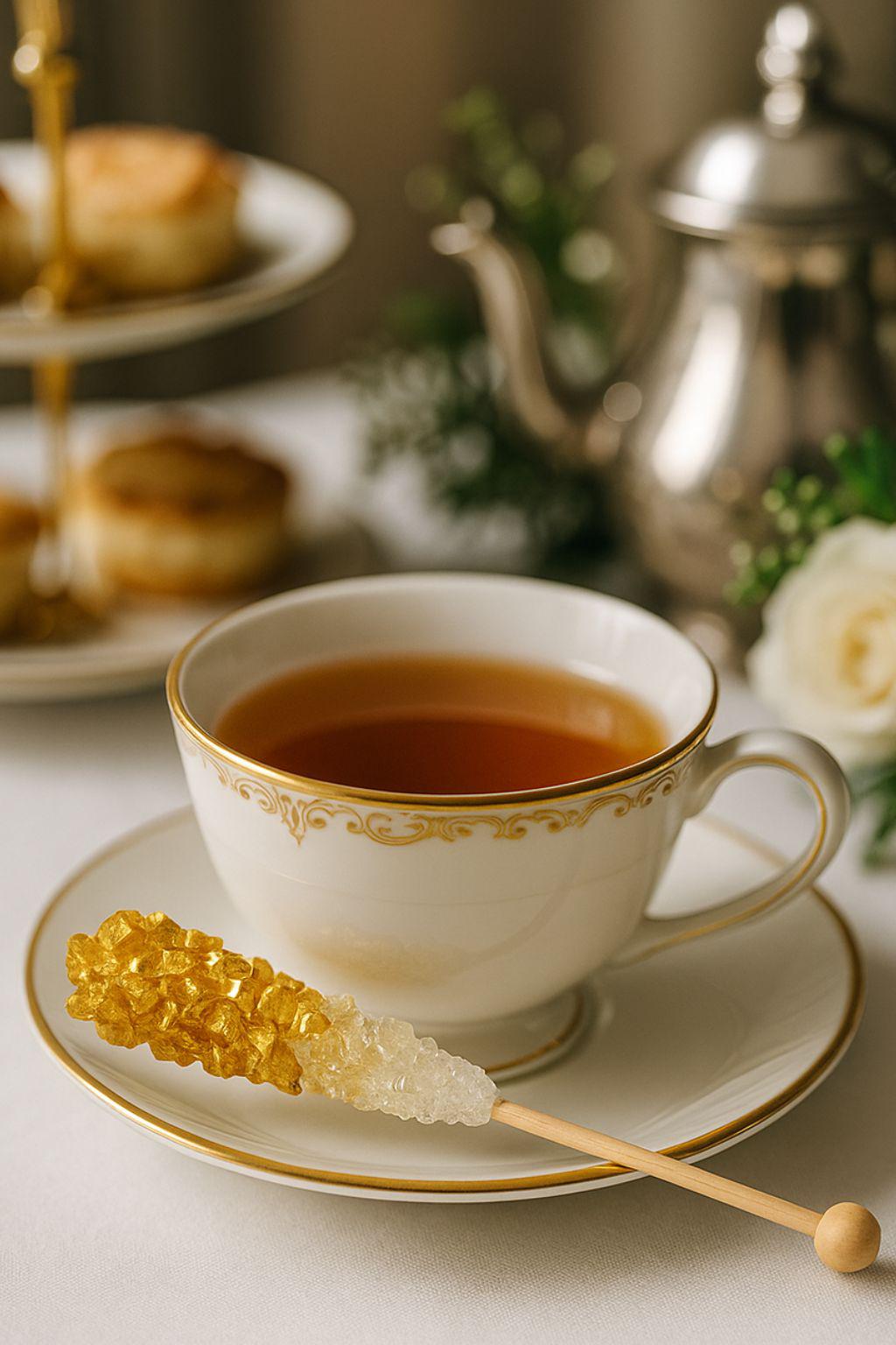 Edles Teeservice mit feiner Porzellantasse und golden-weißem Kandisstick auf der Untertasse – eine stilvolle High-Tea-Szene mit warmem Licht und feinen Gebäckstücken im Hintergrund.