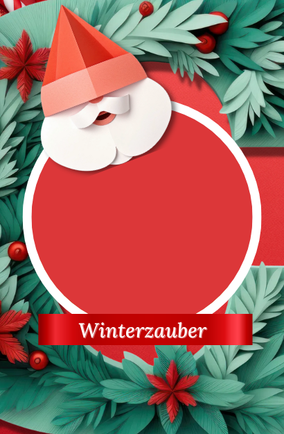 Papierkunst-Bild mit einem Weihnachtsmann, umgeben von grünen Tannenzweigen und roten Akzenten, darüber der Schriftzug 'Winterzauber' auf einem roten Banner.