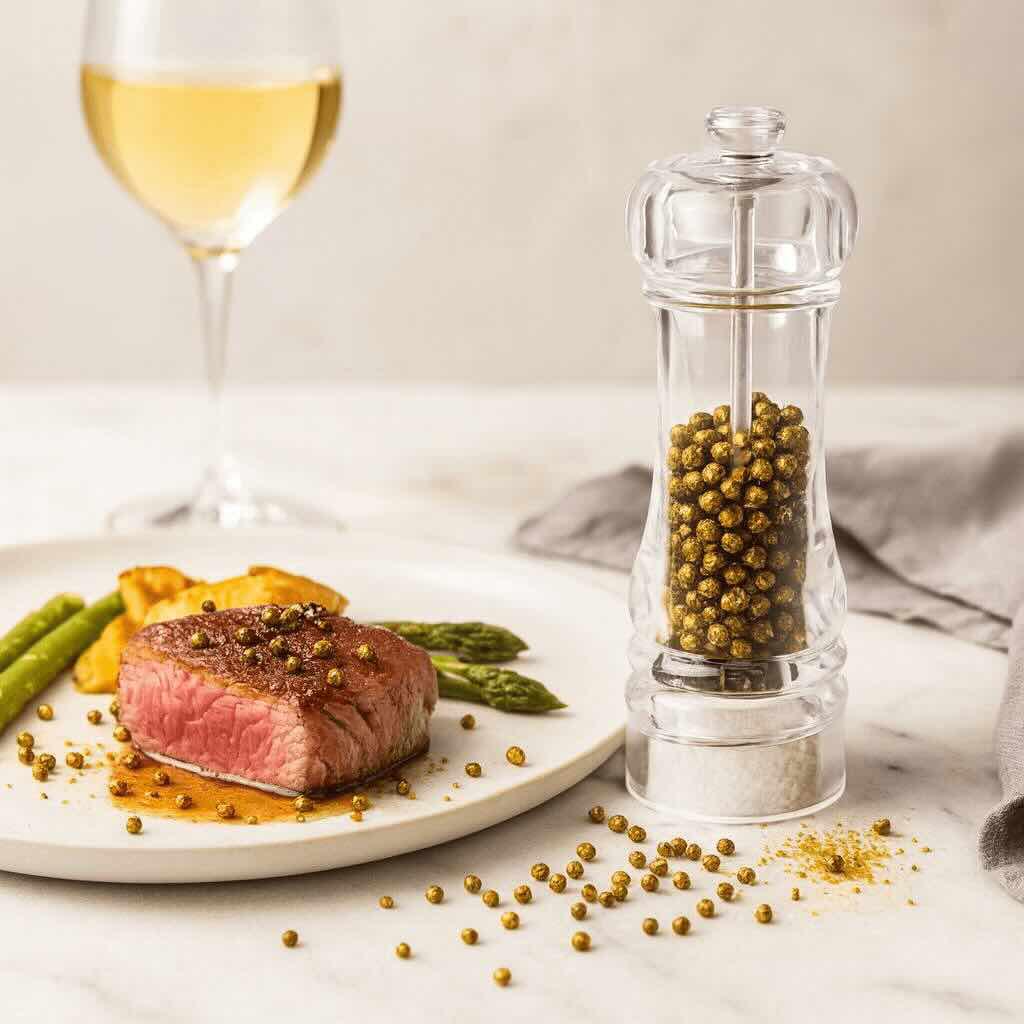 Steak mit Spargel und goldenen Pfefferkörnern, daneben eine Pfeffermühle mit Gold-Pfeffer auf hellem Tisch