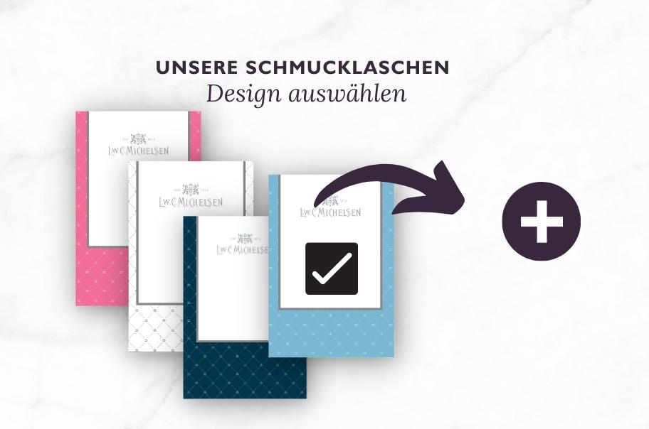 Verschiedene Schmucklaschen-Designs zur Auswahl, darunter rosa, weiß und blau, mit Pfeil und Pluszeichen zum Hinzufügen
