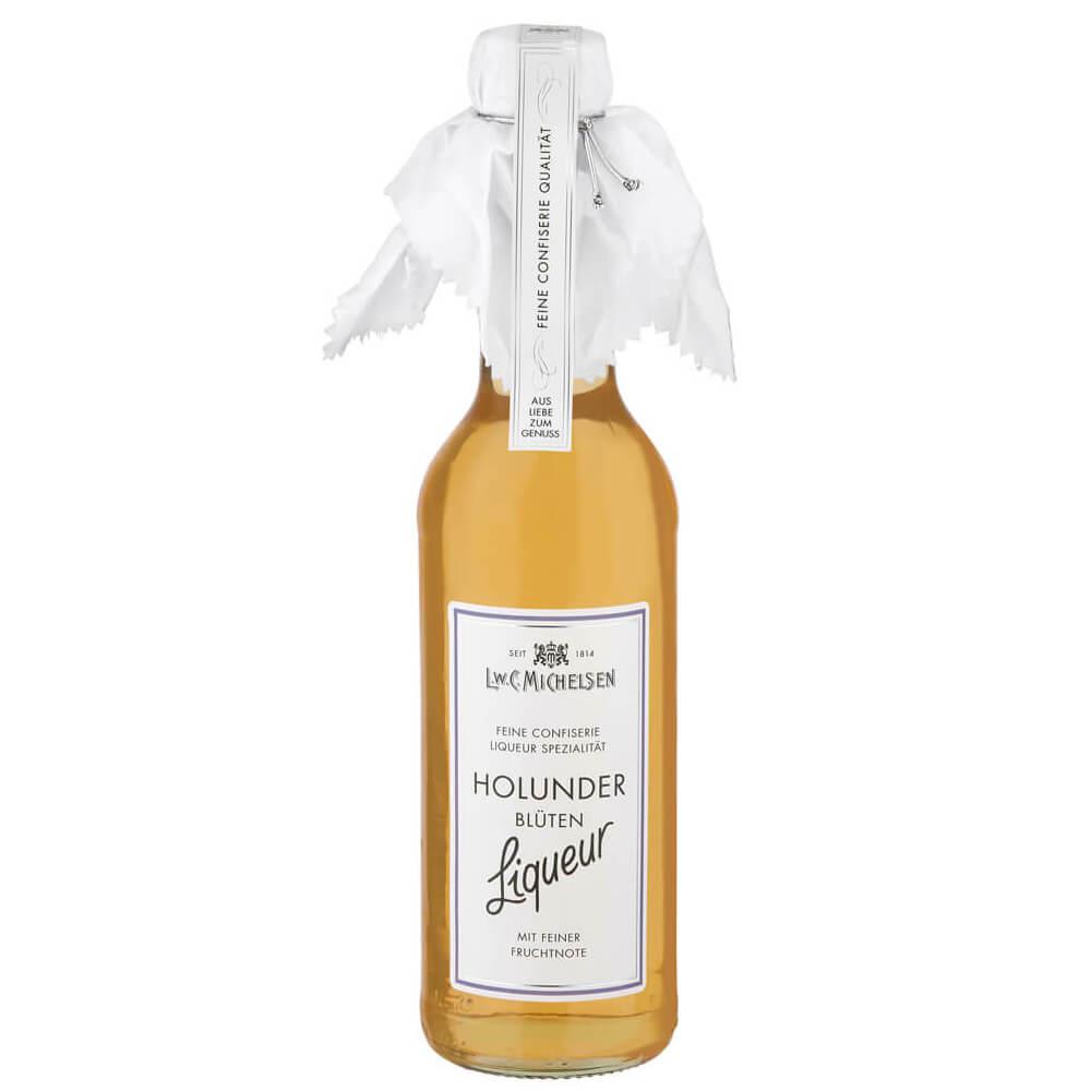 Flasche mit Holunderblütenlikör von L.W.C. Michelsen, dekorativ verpackt.