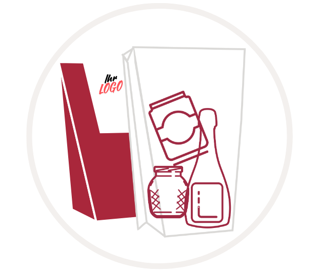 Illustration von individuell gestalteten Verpackungen mit Logo, die Lebensmittelprodukte wie Gläser und Flaschen zeigen