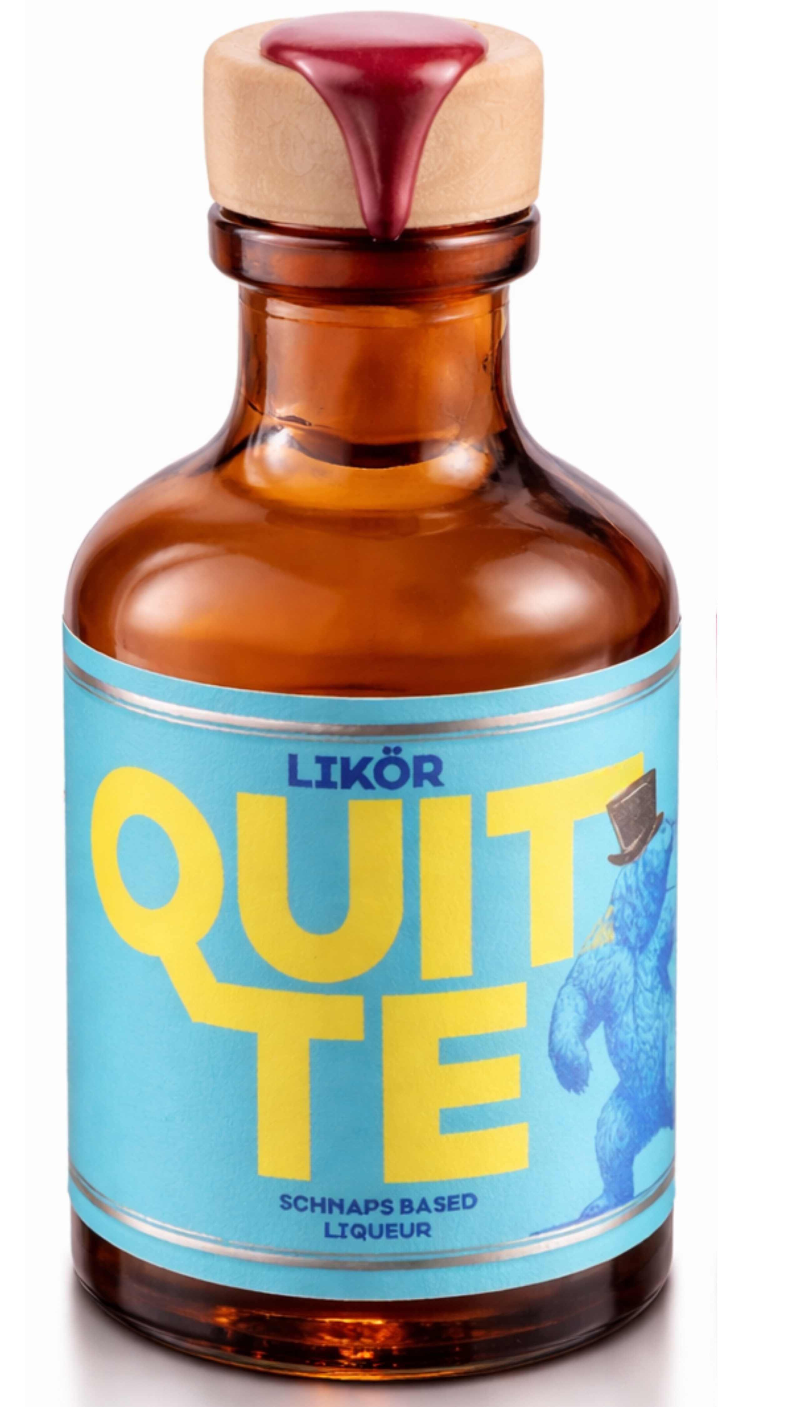 Quittenlikör in 80 ml-Apothekerflasche mit Holzverschluss und modernem gelb-goldenem Etikett.