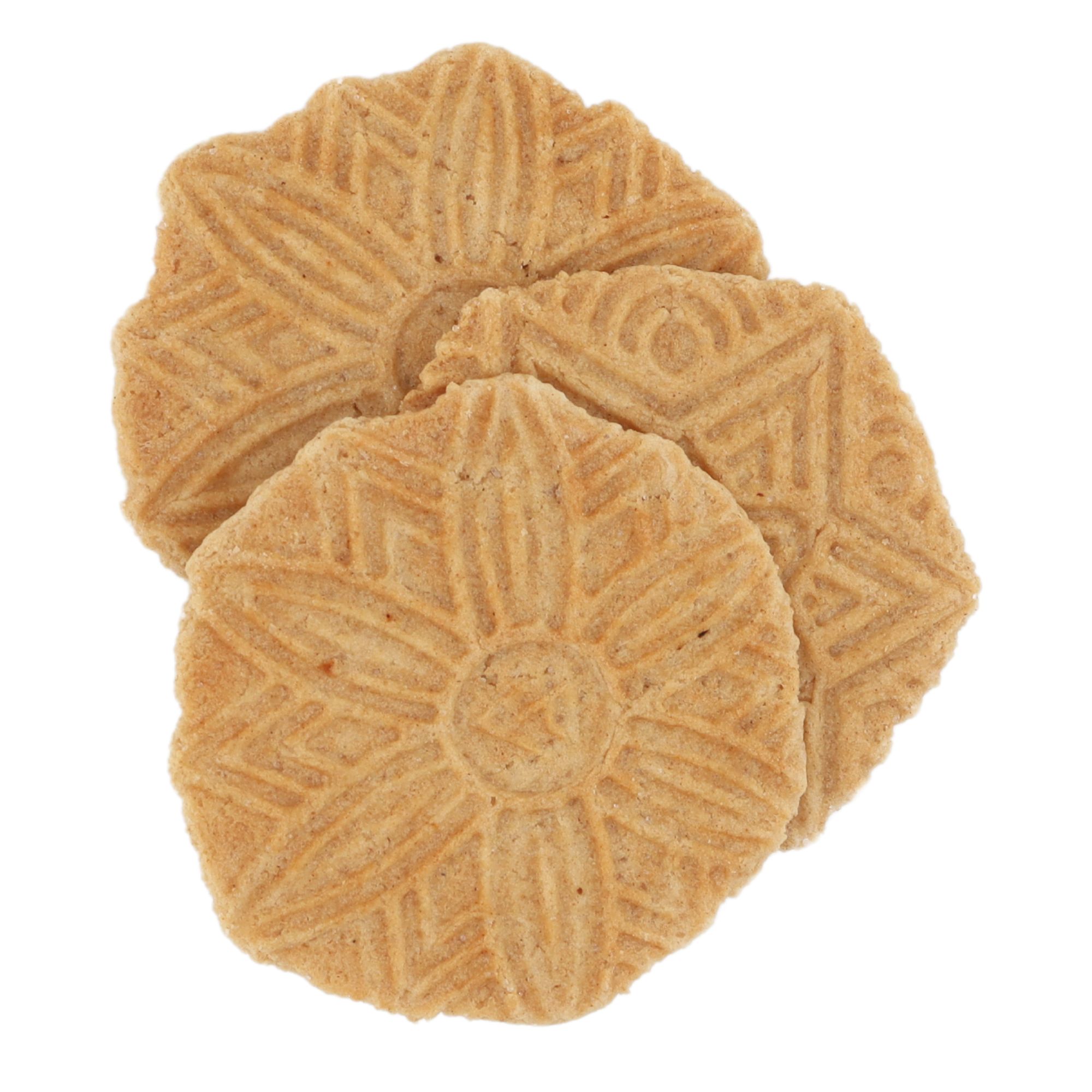 Drei runde Butterkekse mit kunstvollen Mustern, perfekt zum Snacken