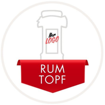 Illustration eines Rumtopf-Logos mit rotem Banner und Platz für ein individuelles Logo.