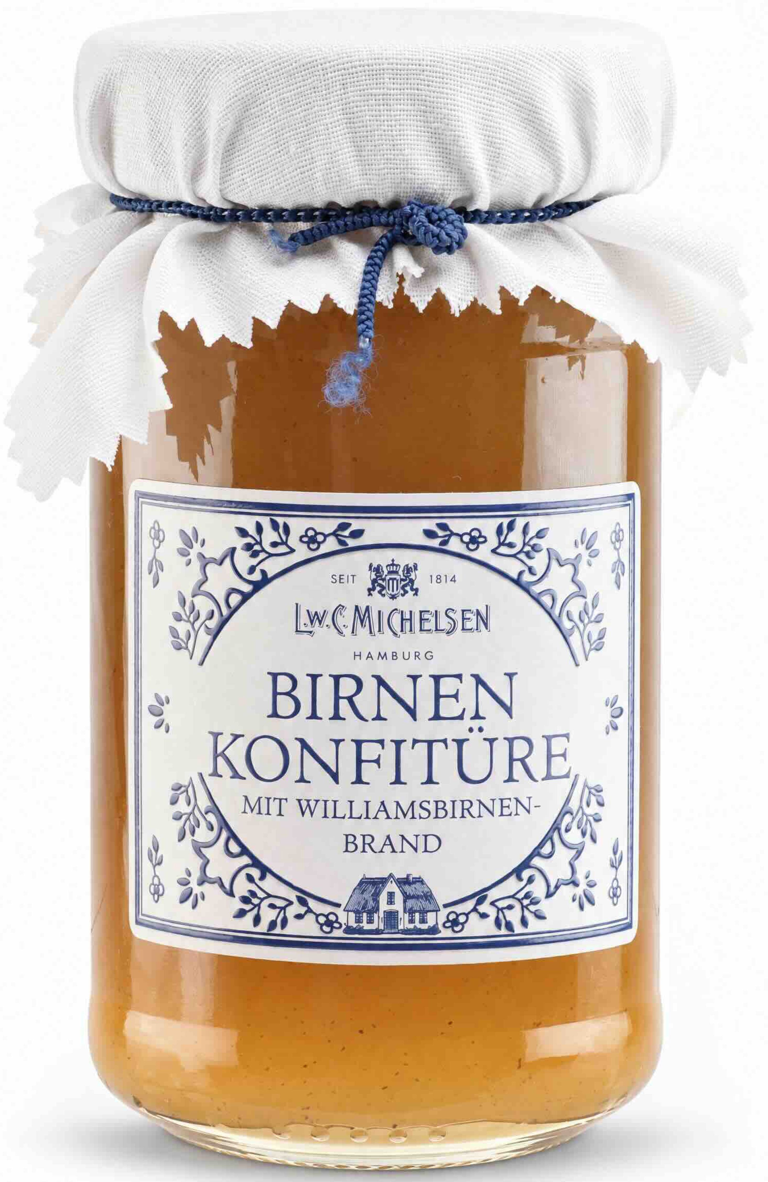 L.W.C. Michelsen Birnen Konfitüre mit Williamsbirnenbrand, Stoffhaube