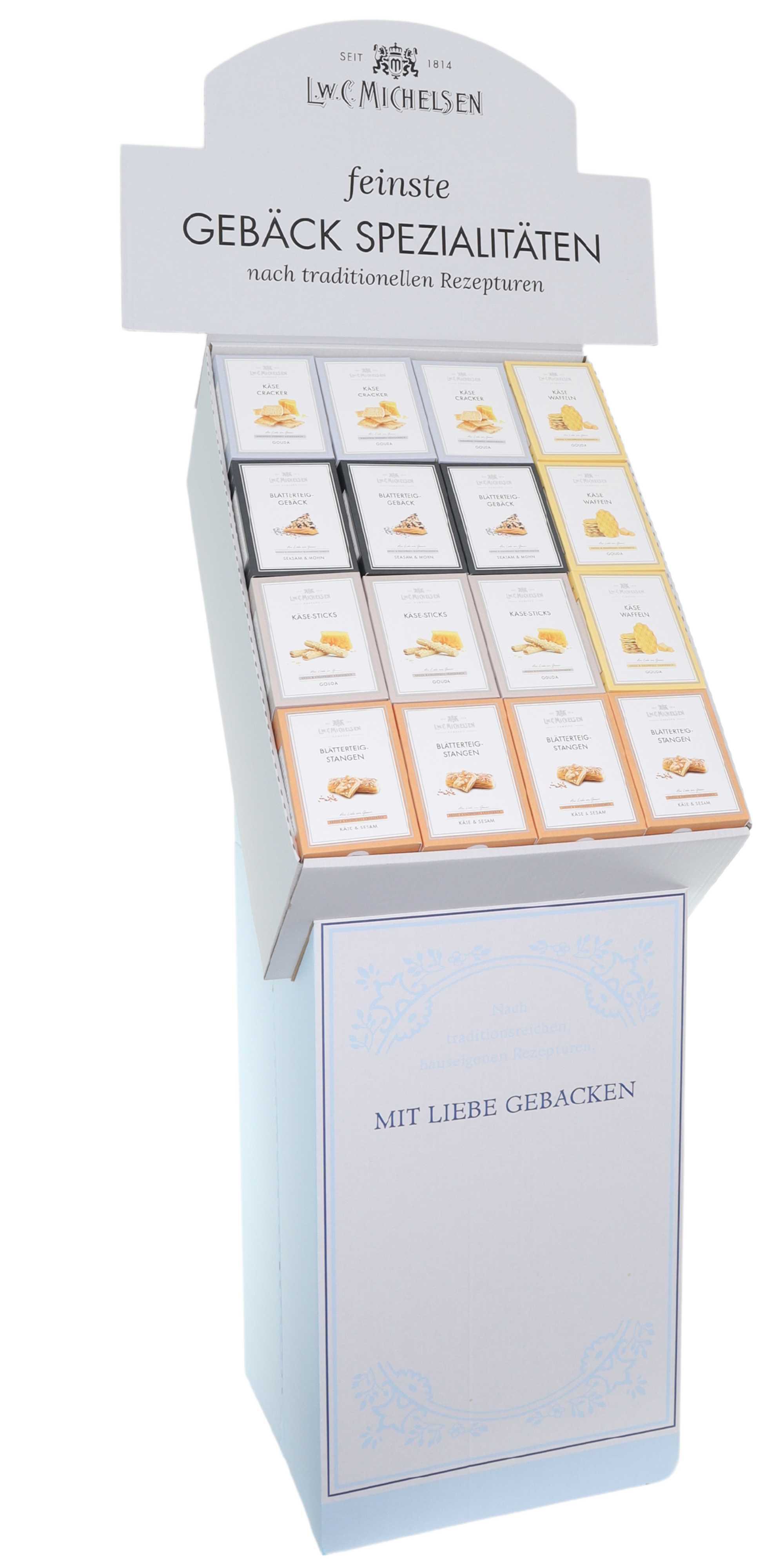 Entdecken Sie unser feines Käsegebäck-Display I, mit fünf exquisiten Sorten.