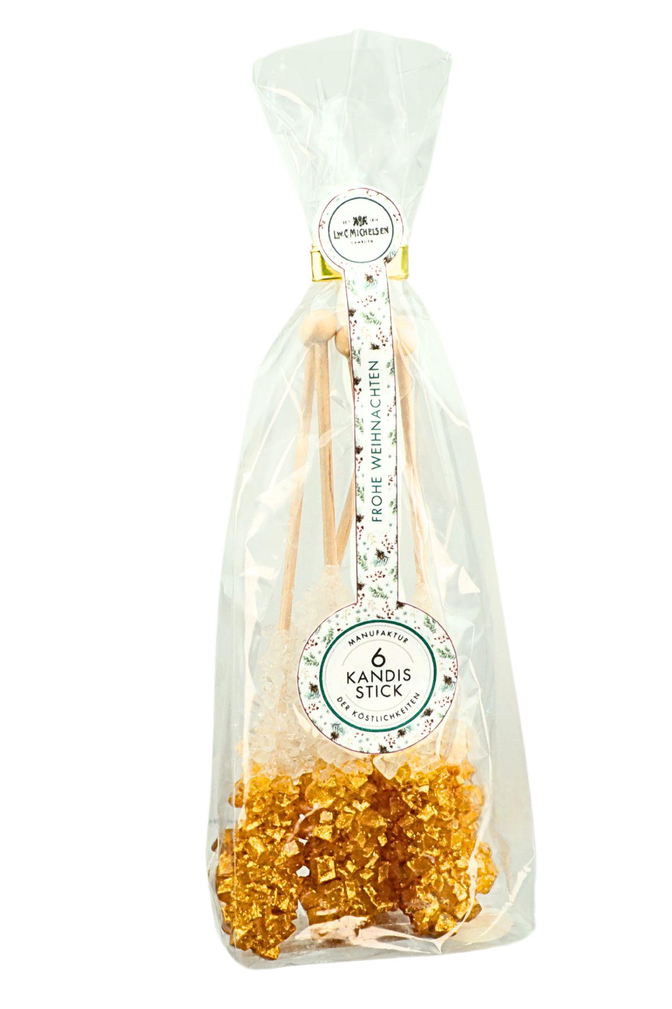 6 Kandissticks mit goldfarbenem Überzug im transparenten Beutel mit „Frohe Weihnachten“-Banderole – stilvoll verpackt als weihnachtliche Geschenkidee.
