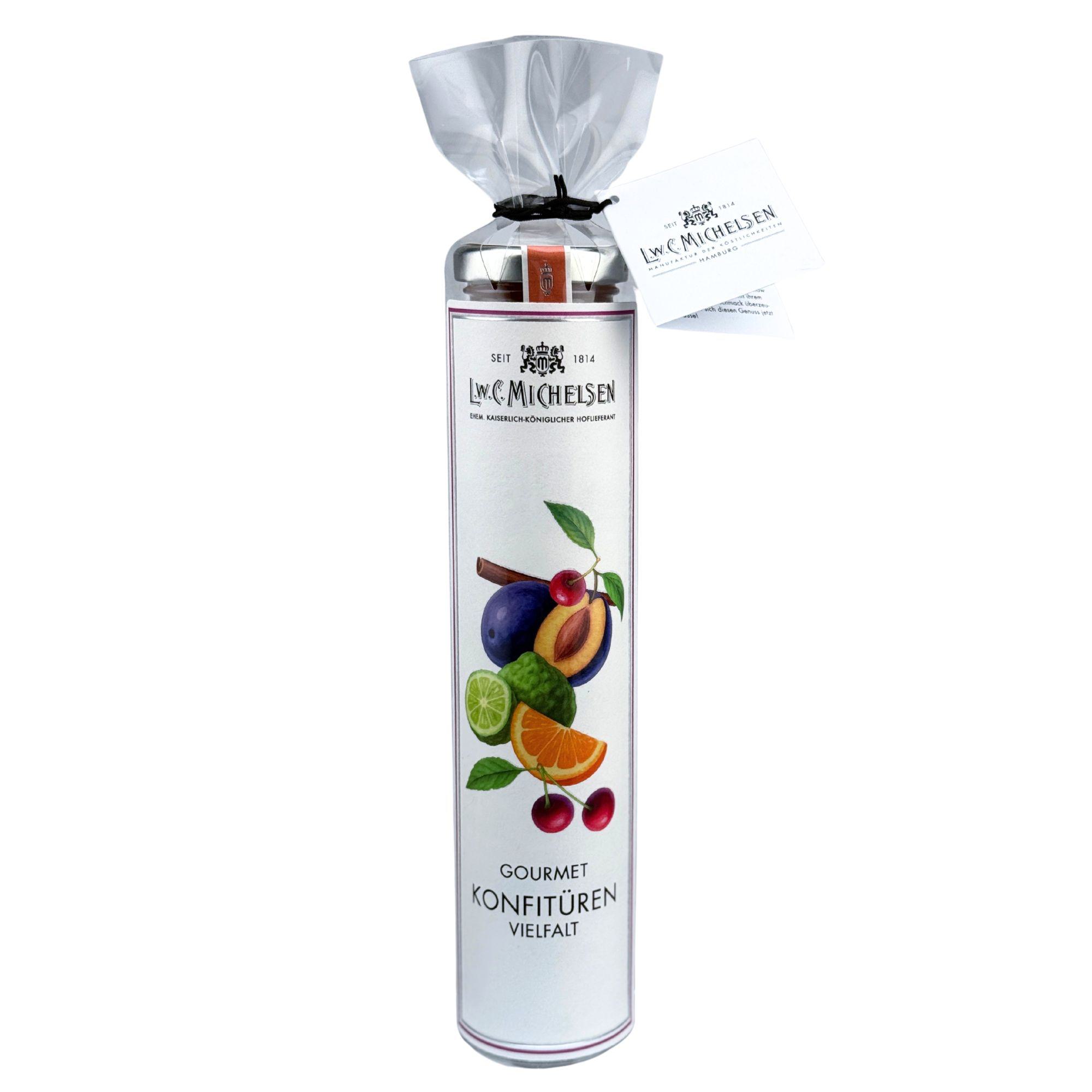 L.W.C. Michelsen Gourmet Konfitüren Vielfalt in 4 Mini-Gläsern mit Cellophanhülle und Kärtchen