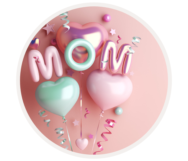 Herzförmige Luftballons mit dem Wort 'MOM' auf rosa Hintergrund