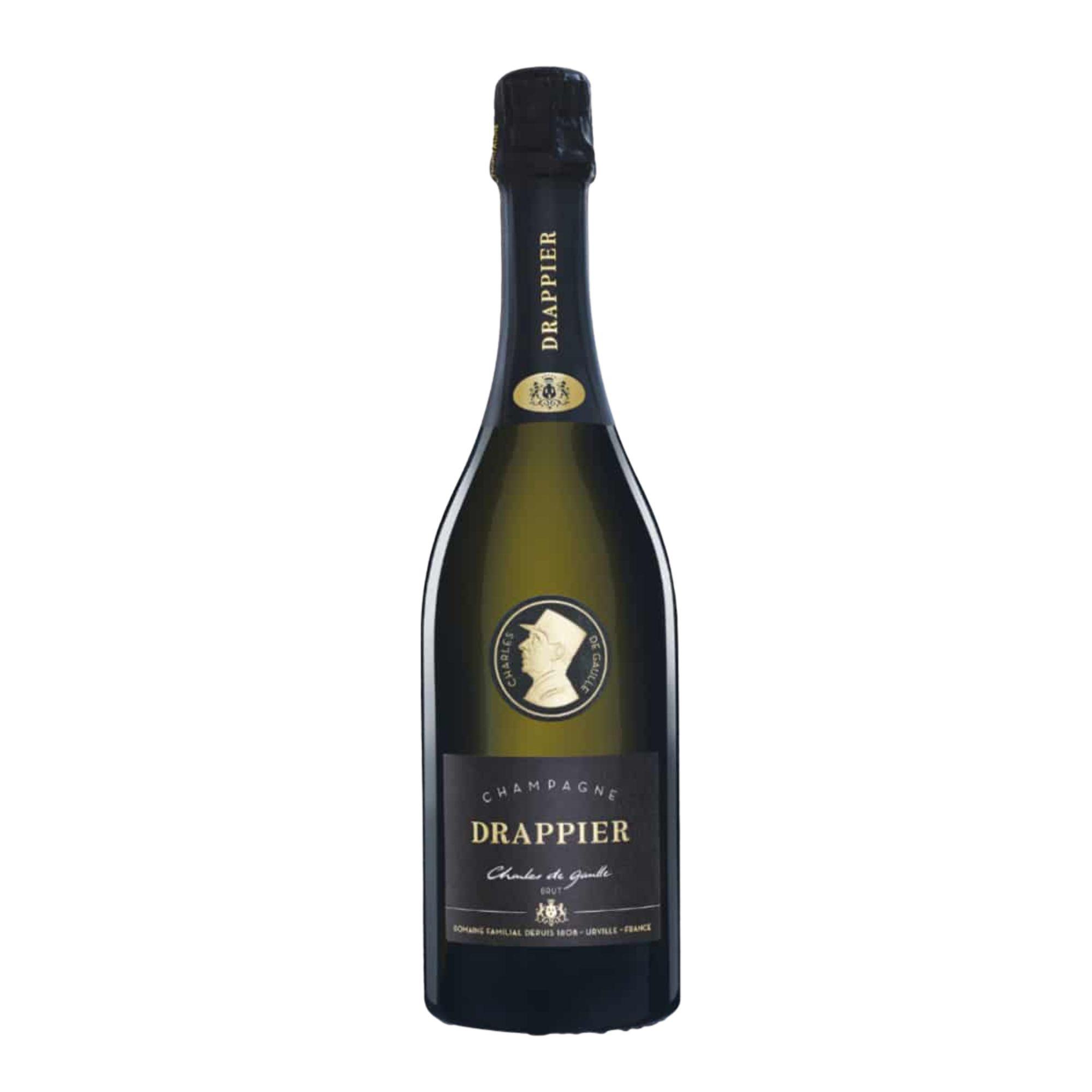 Champagne Drappier Charles de Gaulle Brut, 0,75 l Flasche mit schwarzem Etikett und Porträt