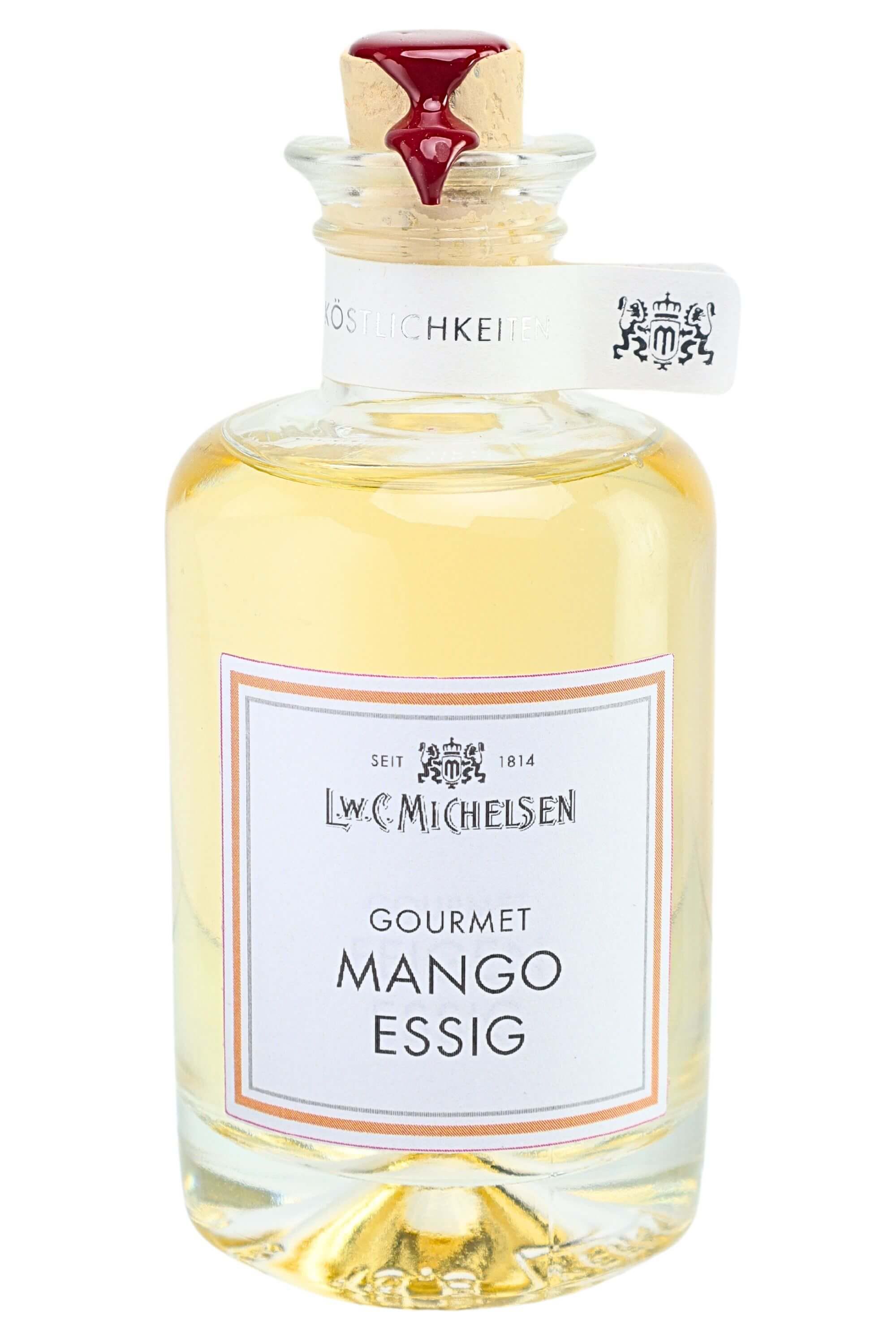 Gourmet Mango Essig von L.W.C. Michelsen in hochwertiger Glasflasche mit Korkverschluss und rotem Wachssiegel – exotisch-fruchtiger Feinkostessig