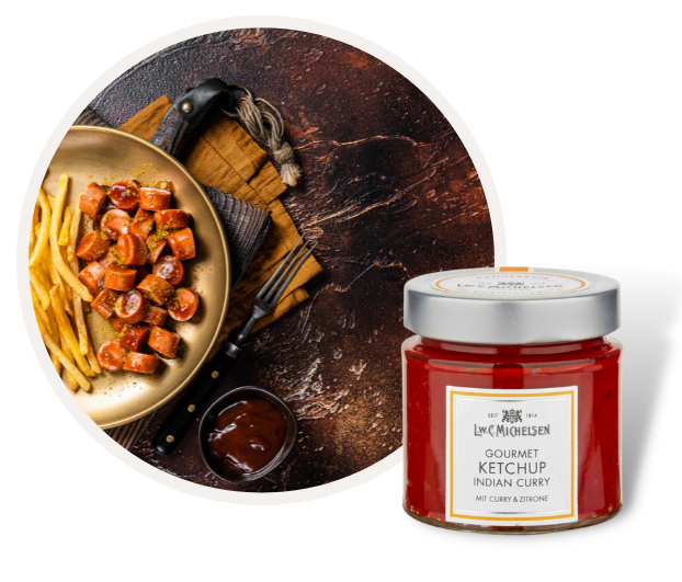 Ein Glas L.W.C Michelsen Gourmet Ketchup Indian Curry neben einem Teller mit Pommes und Currywurst.