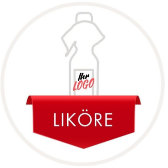 Ein Likör-Shop Logo mit einer angedeuteten Flaschenform und einem roten Banner mit der Aufschrift 'Liköre'.