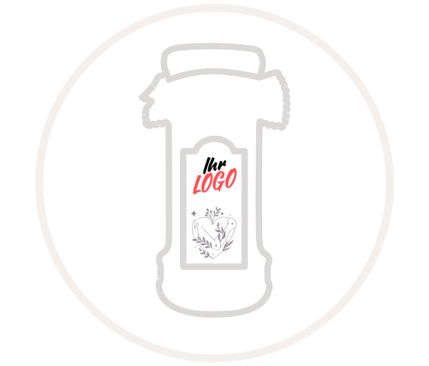 Illustration einer weißen Flasche mit einem personalisierbaren Etikett für Ihr Logo