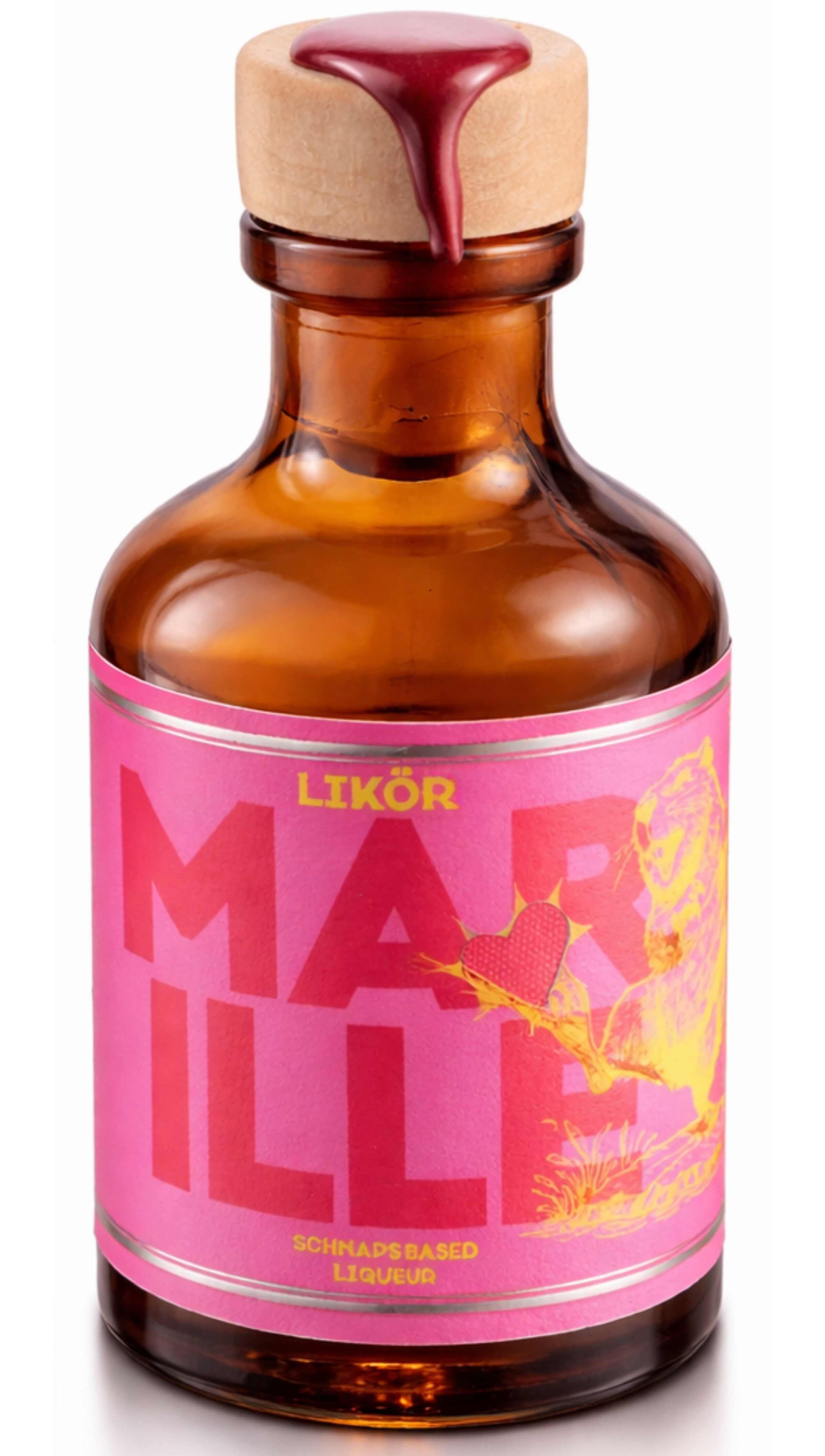 Marillenlikör in 80 ml-Apothekerflasche mit Holzverschluss und modernem orangefarbenem Etikett.