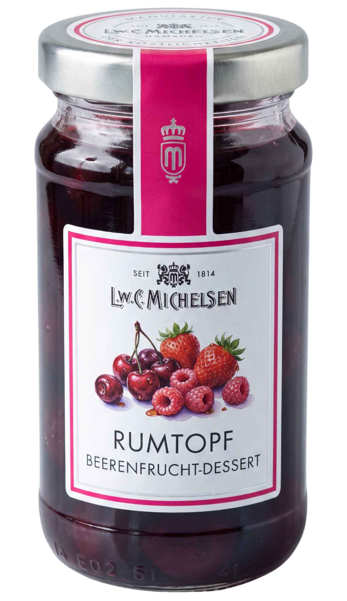 L.W.C. Michelsen Rumtopf Beerenfrucht-Dessert im Glas mit Erdbeeren und Kirschen