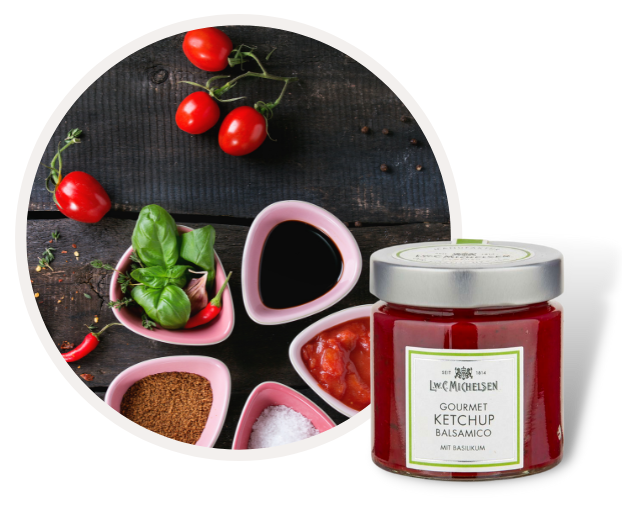 Gourmet Ketchup Balsamico mit Zutaten wie Tomaten, Basilikum und Gewürzen von L.W.C. Michelsen.